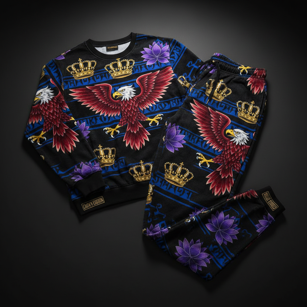 TITAN Crown Edition Tattoo Art Men's Lounge Jogger Set - bold eagle lotus tattoo artwork on matte black fleece