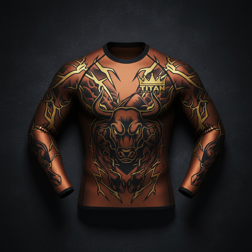 TITAN Men's Neoprene Sauna Compression Shirt Copper Bronze Bull Crown Edition flat lay