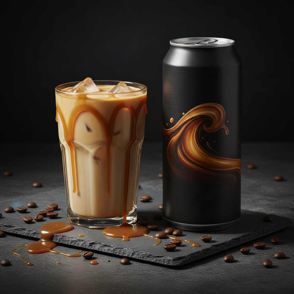 TITAN Protein Iced Coffee – Caramel Macchiato, premium product photography