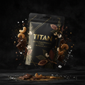 TITAN Organic Dark Chocolate Cashews Sea Salt & Cacao — ultra-premium luxury editorial product shot