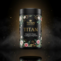 TITAN Organic Vegan Collagen Peptides supplement bottle with Crown Edition matte black and gold packaging featuring botanical watercolor flower and vine artwork in rose pink and emerald green