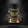 TITAN Apple Cider Vinegar Gummies supplement bottle with Crown Edition matte black and gold packaging featuring bold geometric apple artwork