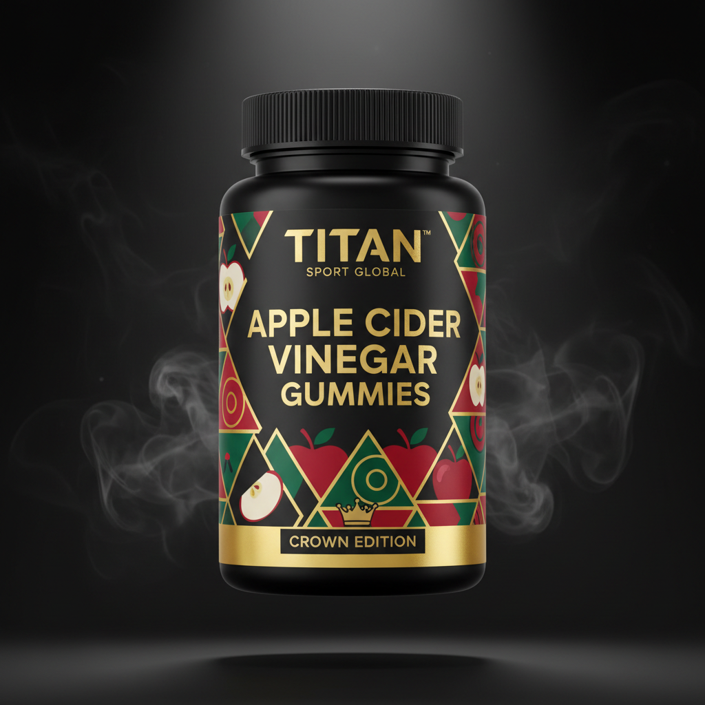 TITAN Apple Cider Vinegar Gummies supplement bottle with Crown Edition matte black and gold packaging featuring bold geometric apple artwork
