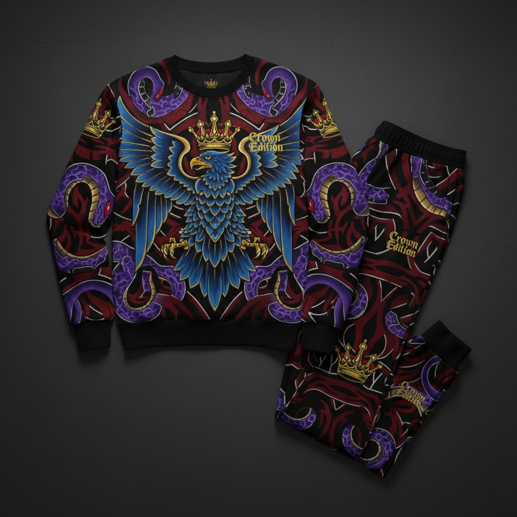 TITAN Crown Edition Tattoo Art Men's Lounge Matching Set - bold eagle tribe tattoo artwork on matte black fleece