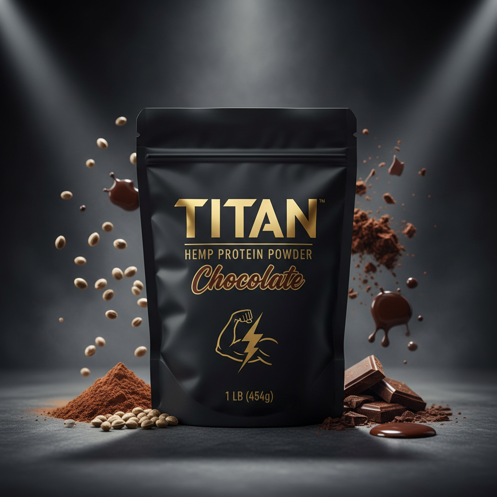 TITAN Hemp Protein Powder - Chocolate 1lb bag premium black and gold branding