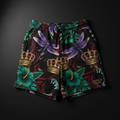 TITAN Crown Edition Tattoo Art Women's Lounge Jogger Shorts - bold colorful tattoo artwork on matte black French terry