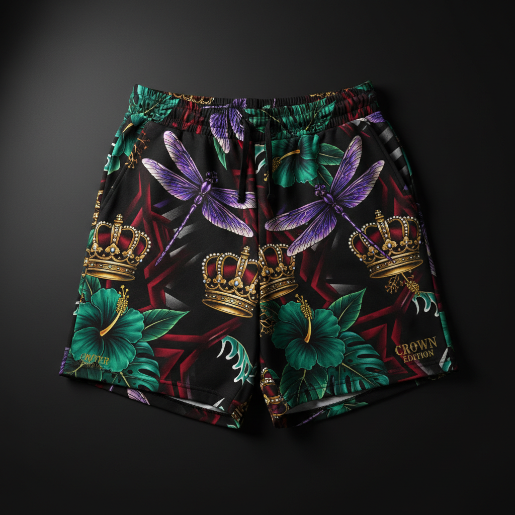 TITAN Crown Edition Tattoo Art Women's Lounge Jogger Shorts - bold colorful tattoo artwork on matte black French terry