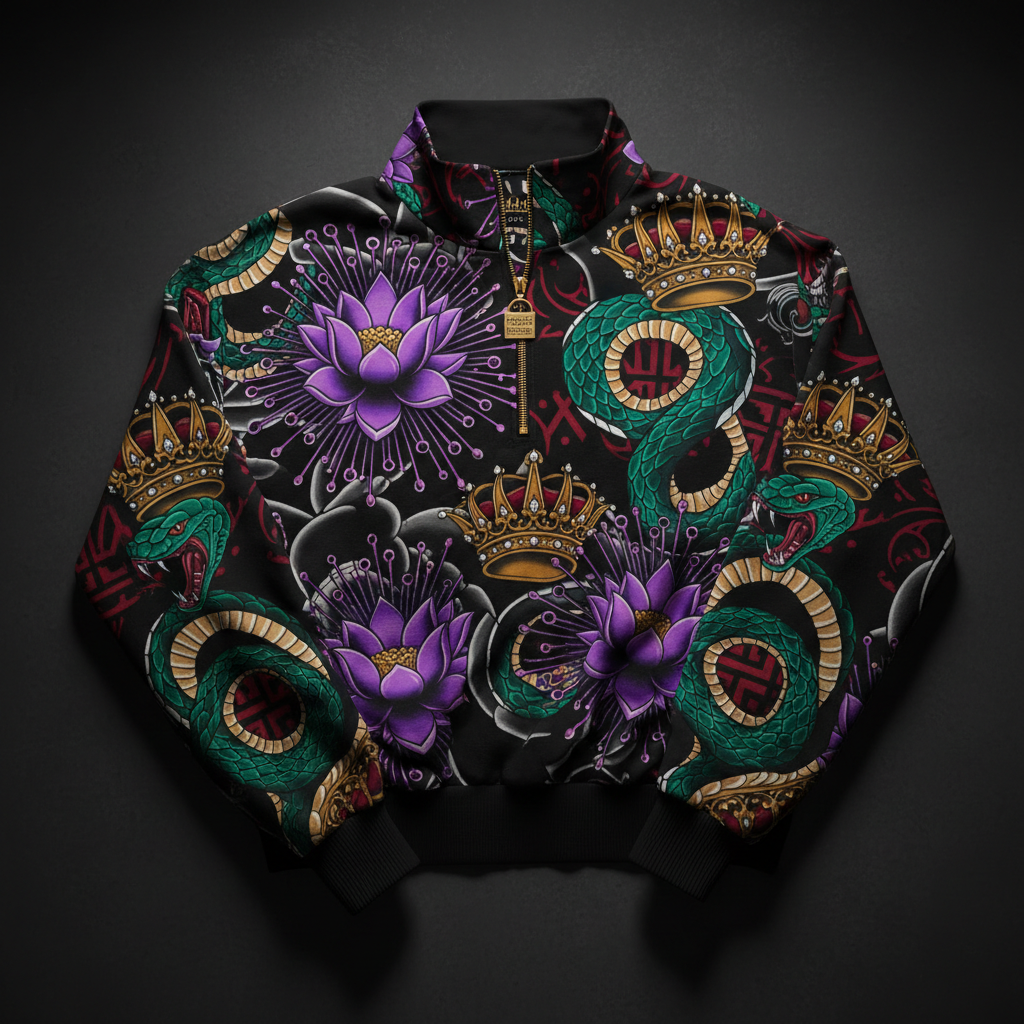 TITAN Crown Edition Tattoo Art Women's Lounge Quarter-Zip Pullover - bold lotus serpent tattoo artwork on matte black heavyweight fabric
