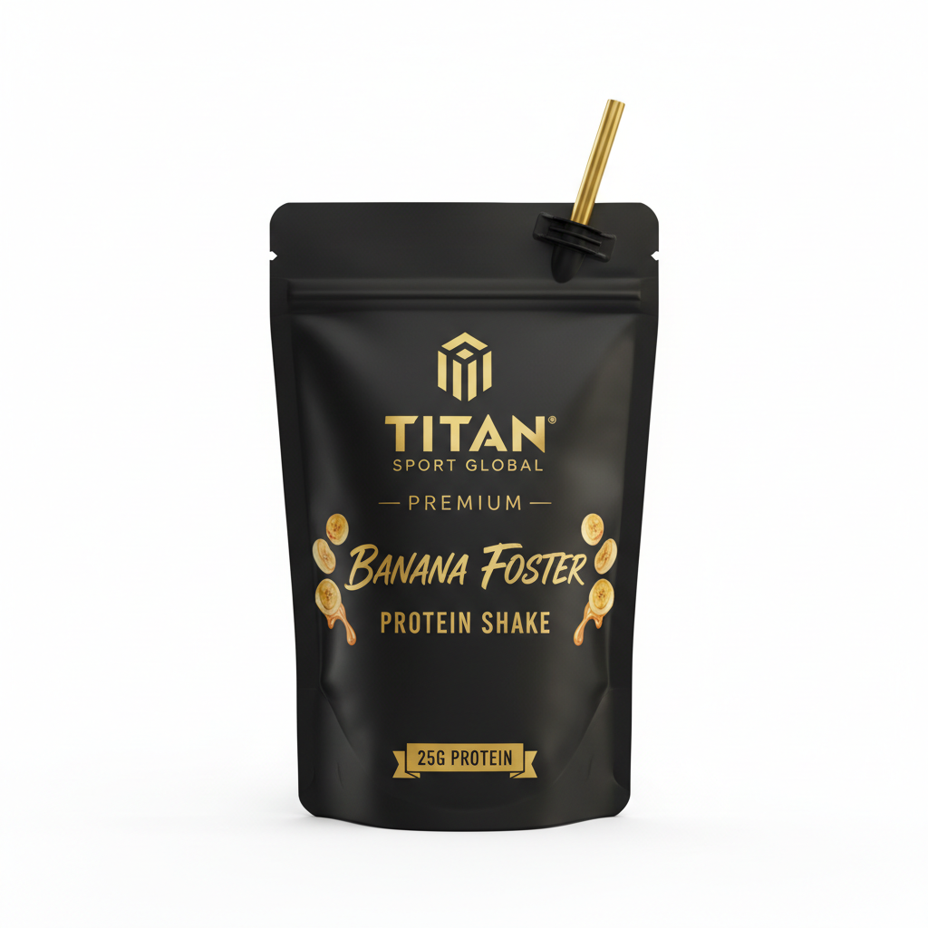 TITAN Protein Shake Pouch Banana Foster — matte black pouch
