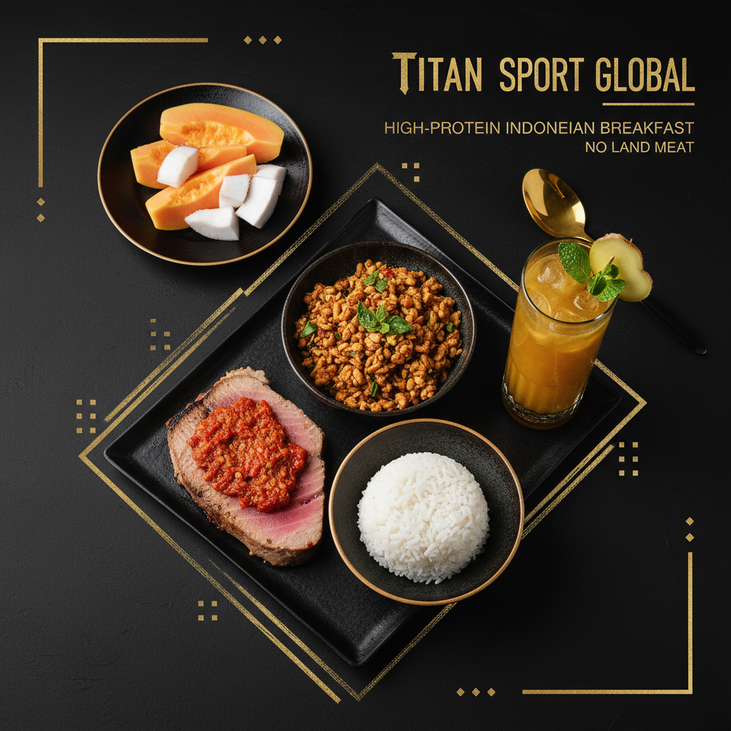 TITAN Indonesian Grilled Tuna Tempeh Breakfast meal kit flat lay dark luxury