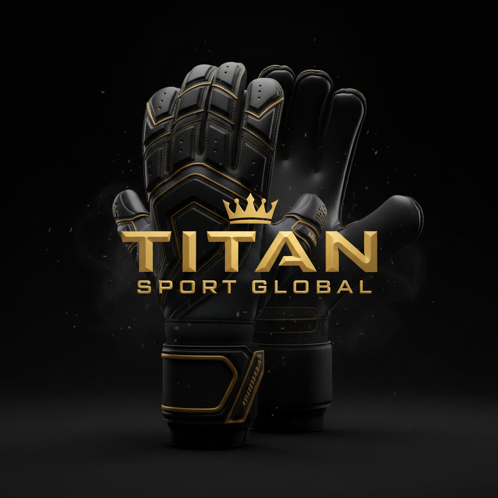 TITAN SPORT GLOBAL branded goalkeeper gloves on dark background with gold accents