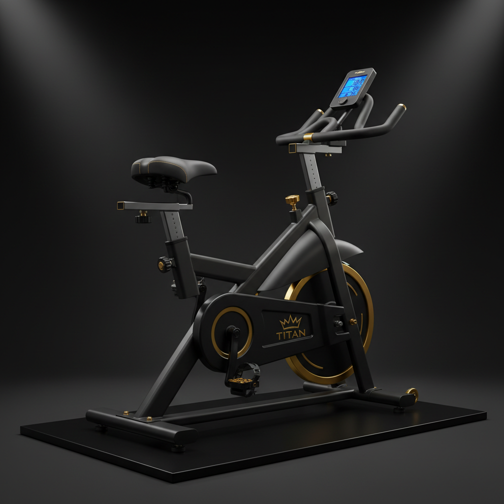 TITAN Stationary Exercise Bike — Matte black with gold crown accents, LCD display, home cardio machine