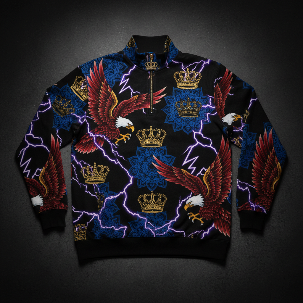 TITAN Crown Edition Tattoo Art Men's Lounge Quarter-Zip Pullover - bold colorful tattoo artwork on matte black French terry