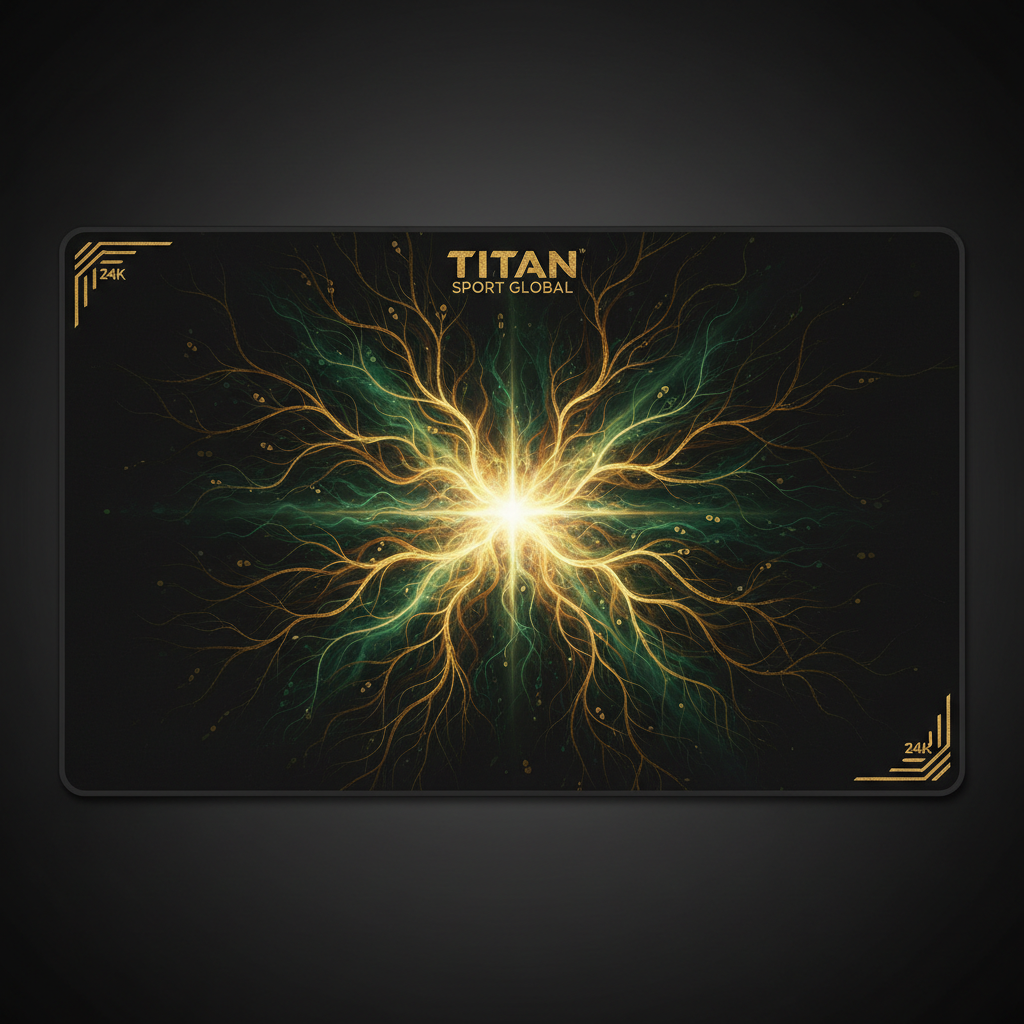 TITAN Grounding Recovery Mat in matte black with 24K gold accents and glowing earth energy root pattern artwork in forest green and gold
