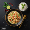 TITAN Thai Green Curry Shrimp Lunch Bowl flat lay dark luxury