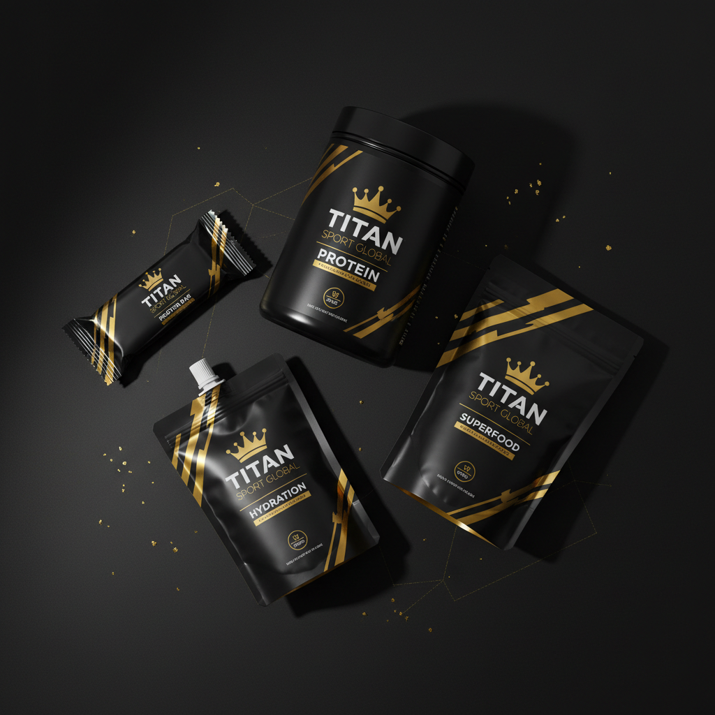 TITAN Complete Nutrition Day Pack — Protein Powder, Protein Bar, Electrolyte Drink & Superfood Greens flat lay