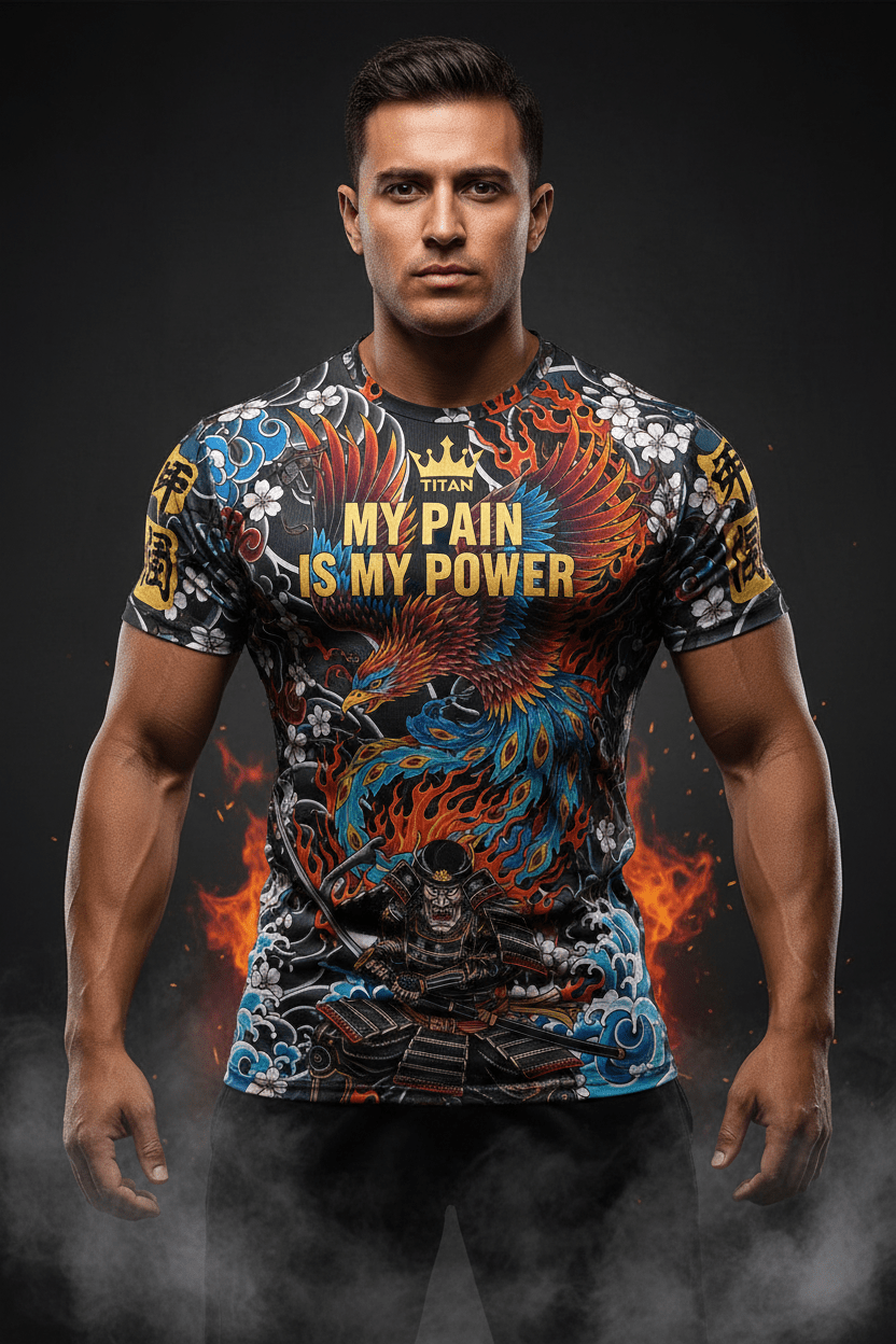 Model wears a Titan Sport tee featuring a samurai, phoenix, and text: "My pain is my power" on a fire-themed print.