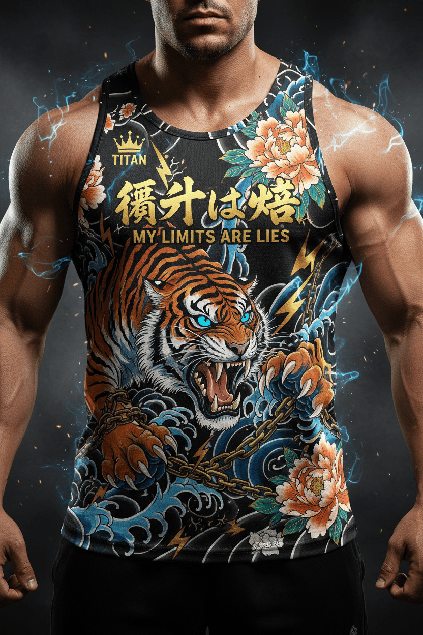 Titan Sport tank top featuring a fierce tiger, floral print, and the motivational text, "MY LIMITS ARE LIES."