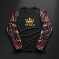 Black long-sleeve performance shirt with gold TITAN logo and crown, featuring intricate tiger and crown sleeve art.