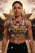 Titan Sport crop top featuring a warrior graphic, lotus flowers, and "My Limits Are Lies" motivational text.