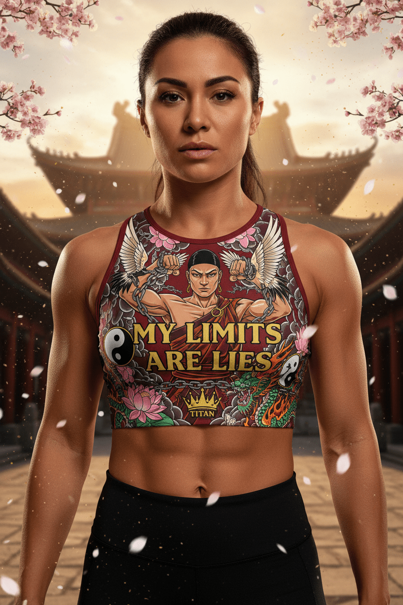 Titan Sport crop top featuring a warrior graphic, lotus flowers, and "My Limits Are Lies" motivational text.