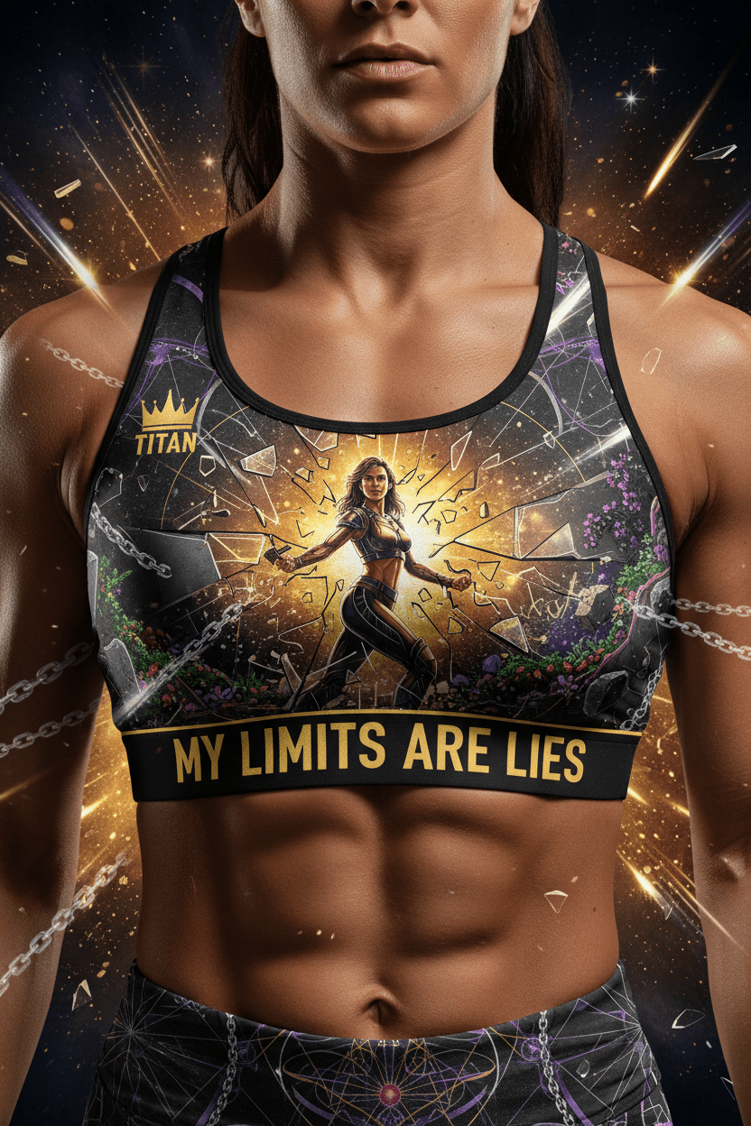 Titan Sport sports bra featuring a heroic figure breaking glass and the motivational text, "MY LIMITS ARE LIES."