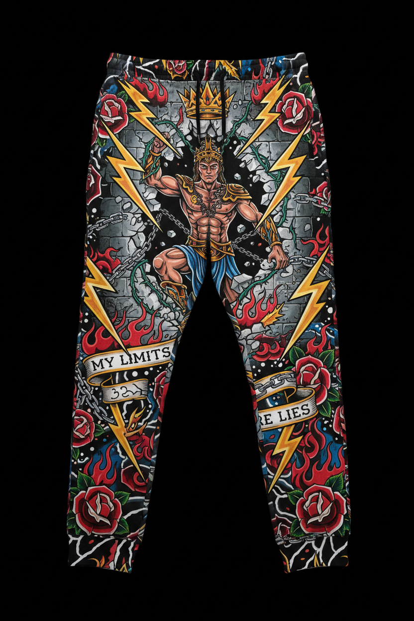 Titan Sport joggers with "My limits are lies" text, featuring a warrior breaking chains, lightning, and rose prints.
