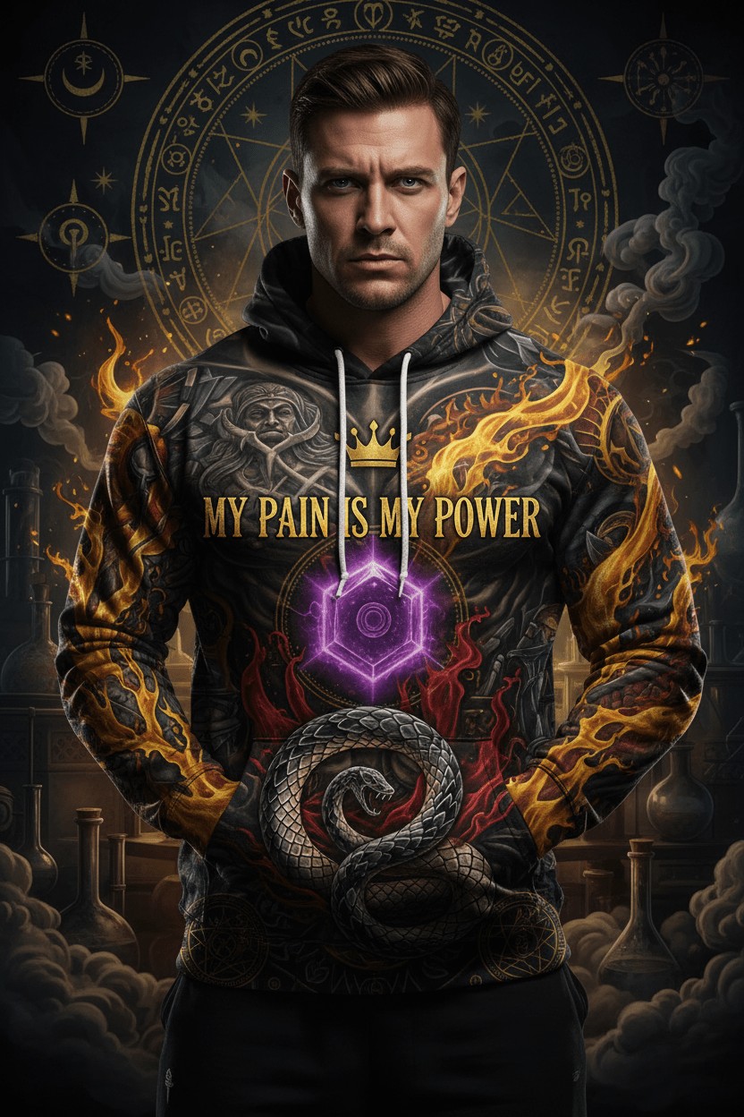 Titan Sport hoodie featuring a crown, snake, and "My Pain Is My Power" text with bold fiery alchemy-themed graphics.