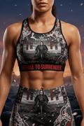 Titan Sport sports bra featuring samurai graphic, cherry blossoms, and "Refuse to Surrender" slogan.