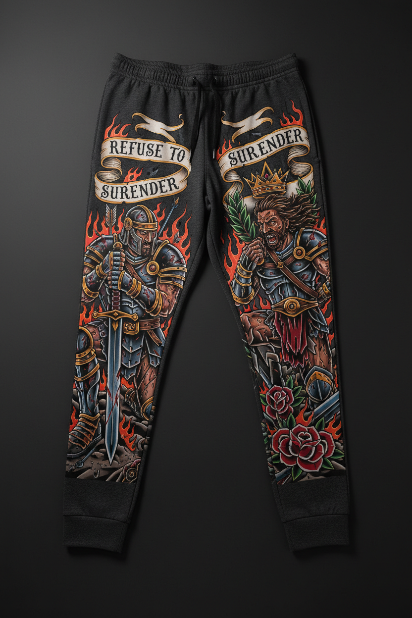 Black joggers featuring warrior tattoos, fire, roses, and the motivational "Refuse to Surrender" banner design.