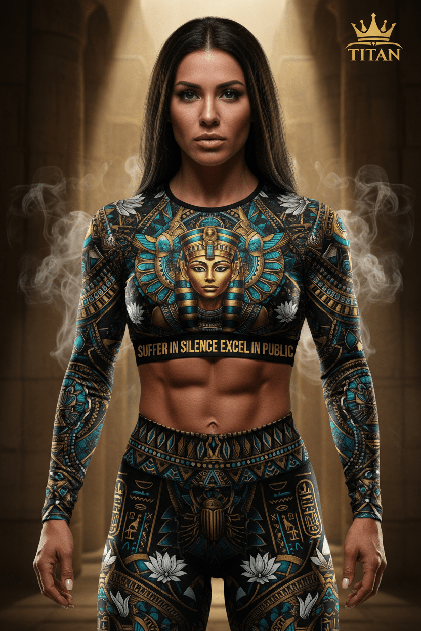 Woman in Egyptian-themed athletic crop top and leggings with "Suffer in silence, excel in public" slogan.