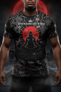 Titan Sport Global t-shirt featuring a ninja in meditation, snakes, cherry blossoms, and the text, "Suffer in silence."
