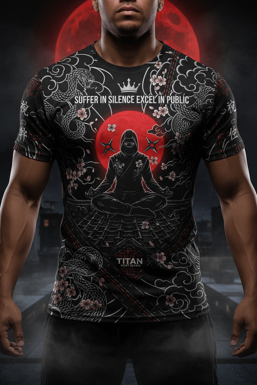 Titan Sport Global t-shirt featuring a ninja in meditation, snakes, cherry blossoms, and the text, "Suffer in silence."