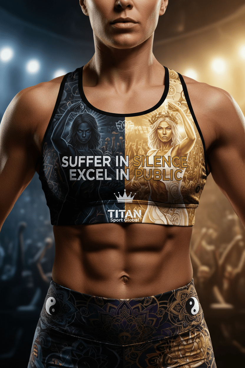 Titan Sport Global sports bra with yin-yang, goddess graphics, and motivational text: "Suffer in silence, excel in public."