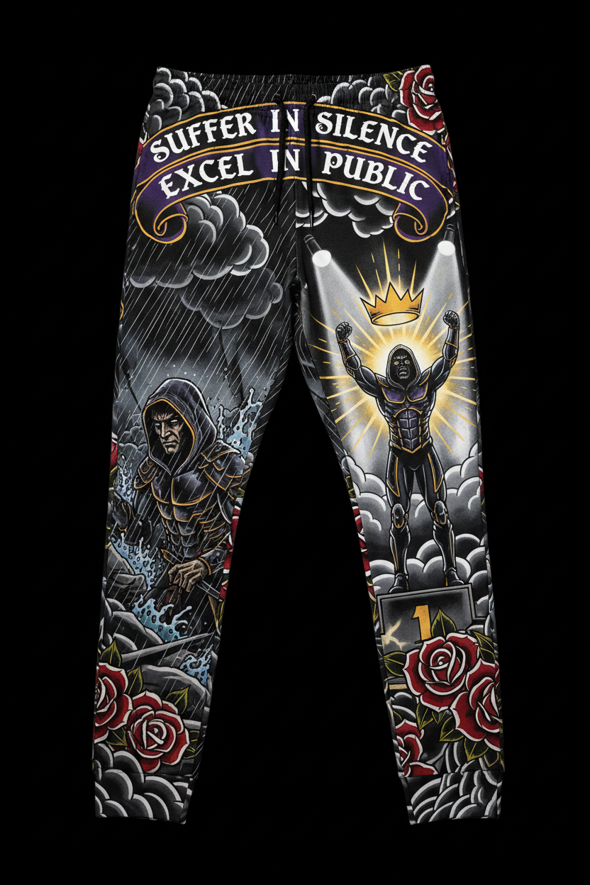 Titan Sport sweatpants with "Suffer in Silence, Excel in Public" print featuring heroic figures, roses, and storm art.