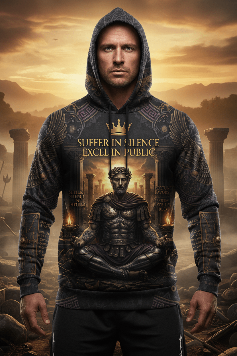 Titan Sport hoodie featuring a meditative Roman warrior and the motivational quote "Suffer in silence, excel in public."