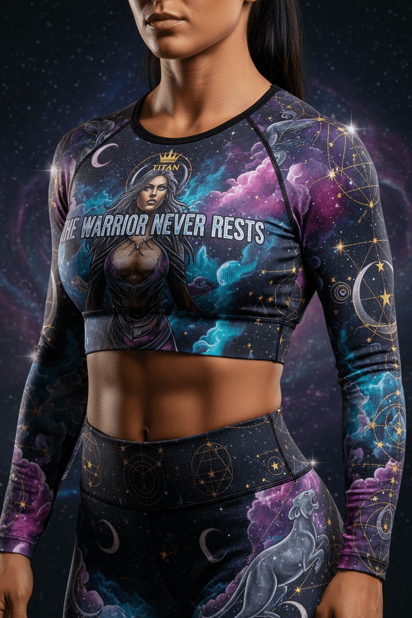 Titan Sport long-sleeve crop top featuring a cosmic warrior graphic and "The Warrior Never Rests" motivational text.