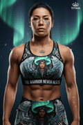 Titan Sport bra featuring a warrior woman, polar bear, wolf, and northern lights with "The Warrior Never Rests" text.