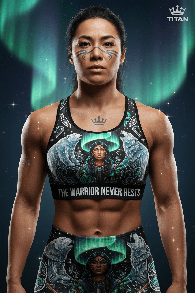 Titan Sport bra featuring a warrior woman, polar bear, wolf, and northern lights with "The Warrior Never Rests" text.