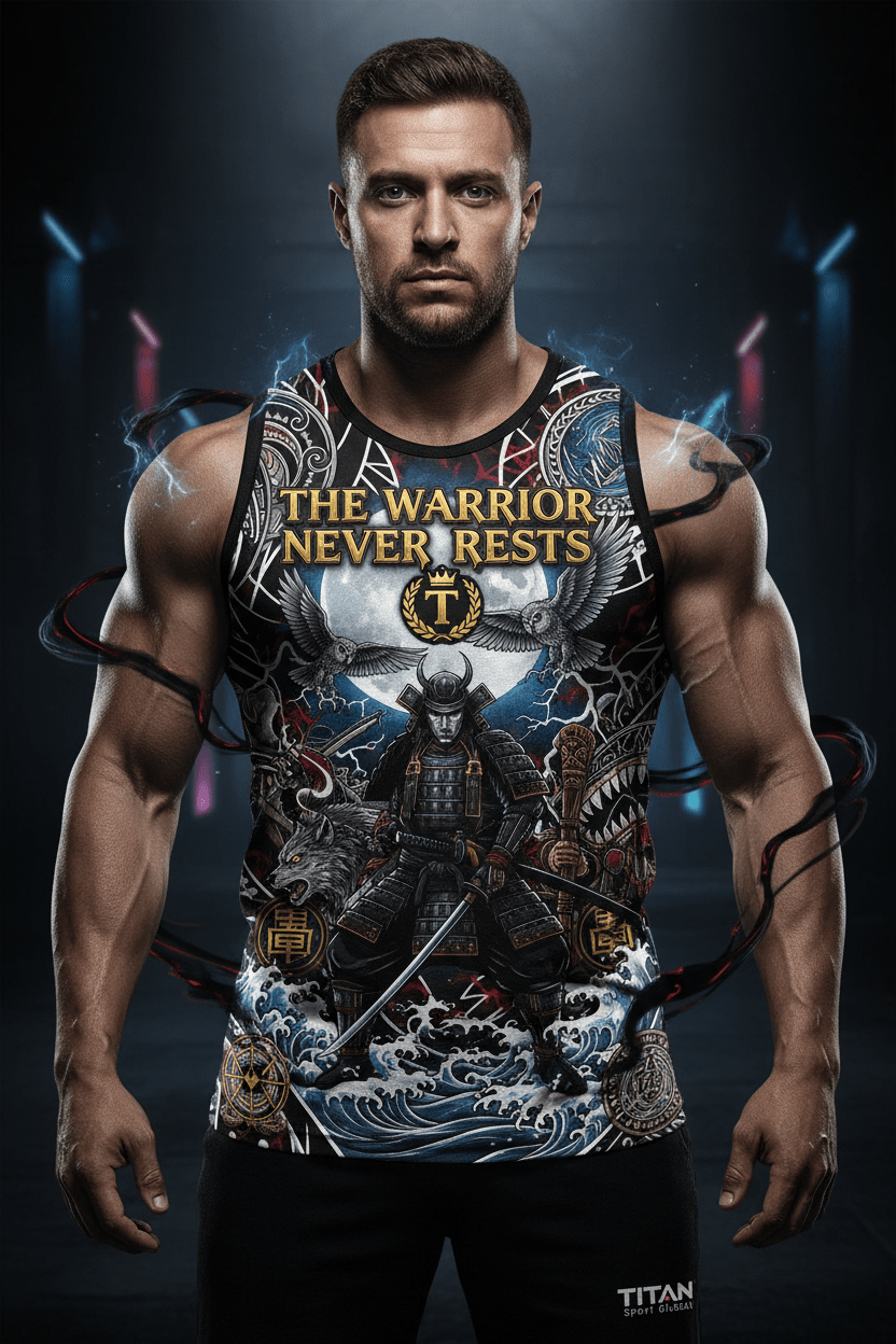 Titan Sport Global tank top with samurai graphic, wolf, and "The Warrior Never Rests" motivational text.