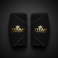 Black 5mm elbow sleeves with gold stitched edges and a gold metallic TITAN SPORT GLOBAL logo with a crown icon.