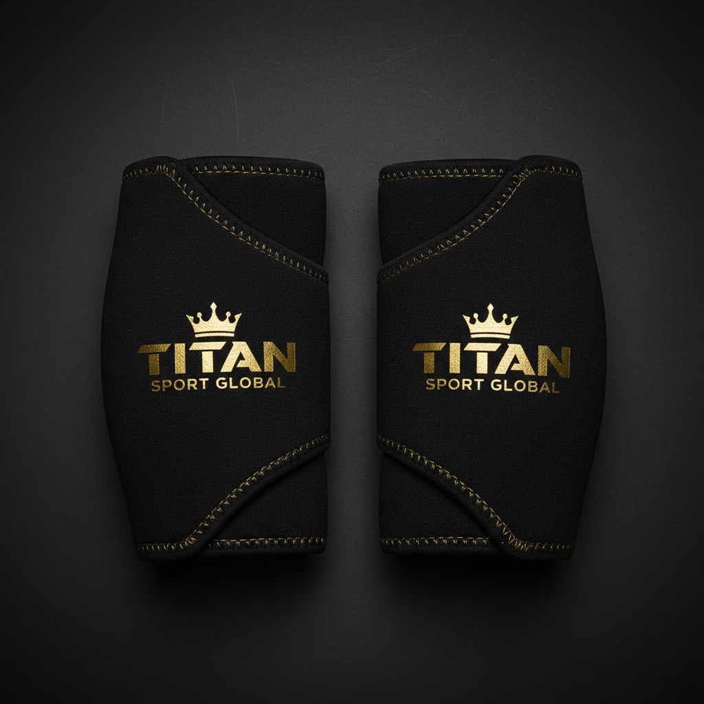 Black 5mm elbow sleeves with gold stitched edges and a gold metallic TITAN SPORT GLOBAL logo with a crown icon.