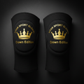 Black 7mm neoprene knee sleeves with a gold metallic crown logo and "TITAN SPORT GLOBAL Crown Edition" text.