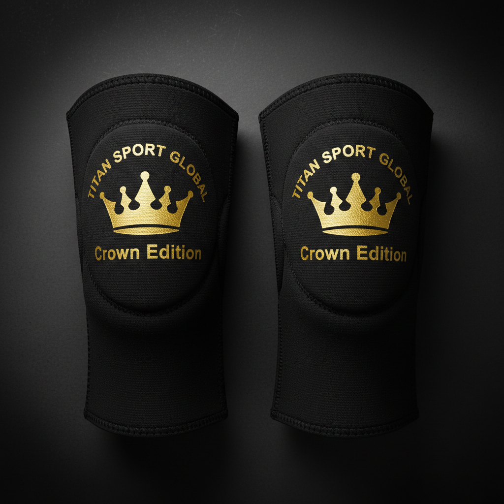 Black 7mm neoprene knee sleeves with a gold metallic crown logo and "TITAN SPORT GLOBAL Crown Edition" text.
