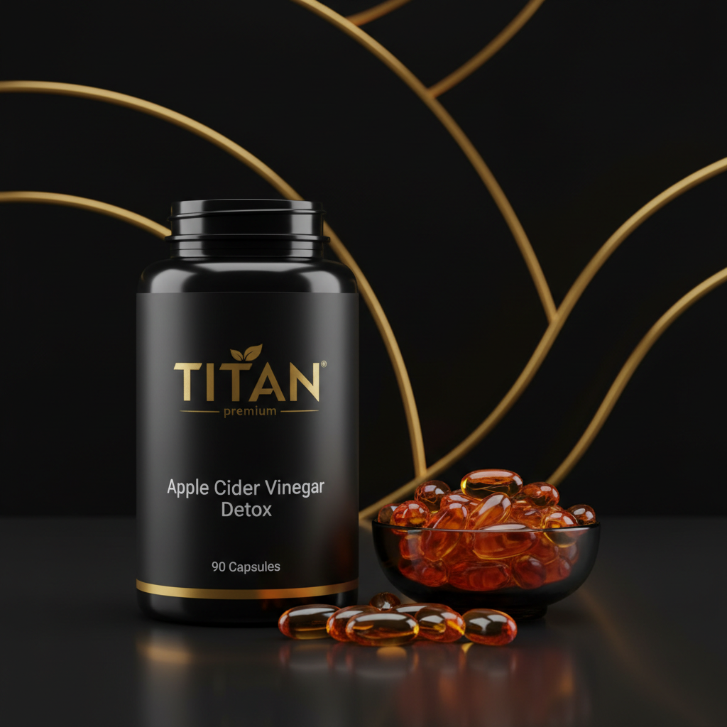 Black bottle of Titan Apple Cider Vinegar Detox capsules with gold accents and a bowl of amber gel capsules.