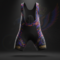 TITAN AeroMax cycling bib shorts in black with ornate purple, blue, and gold wing graphics and gold brand lettering.