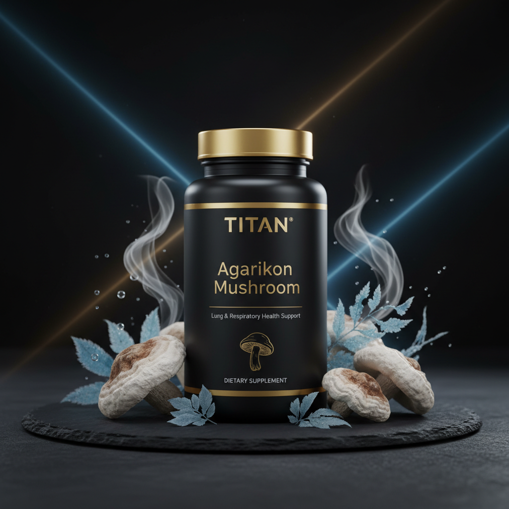 Black bottle of TITAN Agarikon Mushroom supplement with gold text, smoke, blue ferns, and mushrooms on black slate.