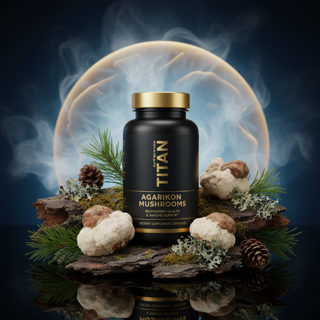 Black bottle of TITAN Agarikon Mushroom capsules on mossy bark with pine cones and mushrooms against a glowing ring.