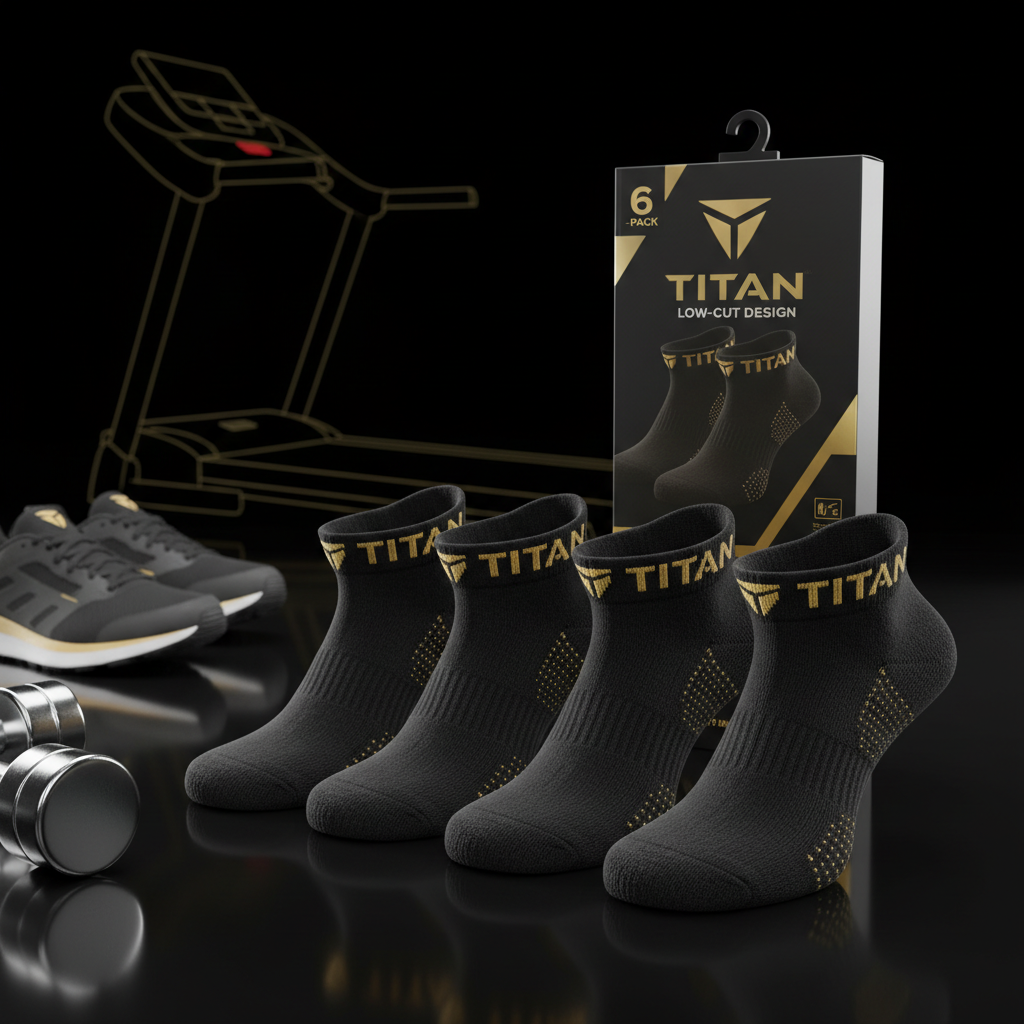 TITAN 6-pack low-cut black ankle socks with gold logo branding and textured detailing, displayed in packaging.