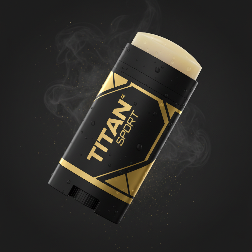 TITAN Sport anti-chafe stick in black and gold, featuring a cream balm, water droplets, and smoke on a dark background.